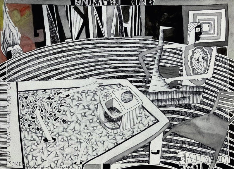 Ignorant House' contemporary pen-ink drawing by artist Pavan Kumar D, 11x15 inch, on paper