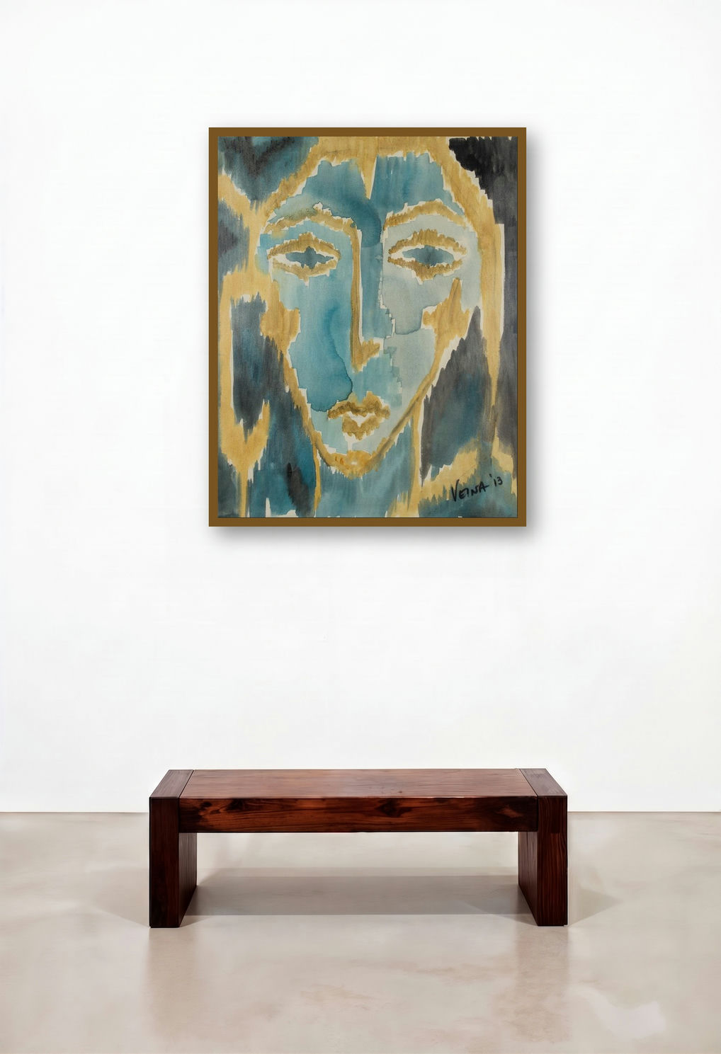 Ikat Portrait (Contemplation) by artist Veena Advani displayed in a Contemporary Luxury Bedroom