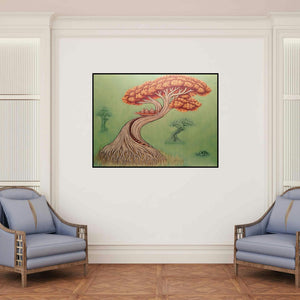 'Illusion Of Nature 2 (A Dreamy Abode)' painting by Subir Das shown on a wall in a furnished room.