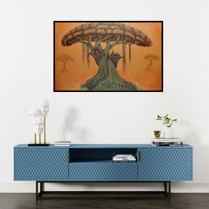 Preview of 'Illusion Of Nature 4 (A Dreamy Abode)' Painting by Subir Das shown on a wall in a furnished room.