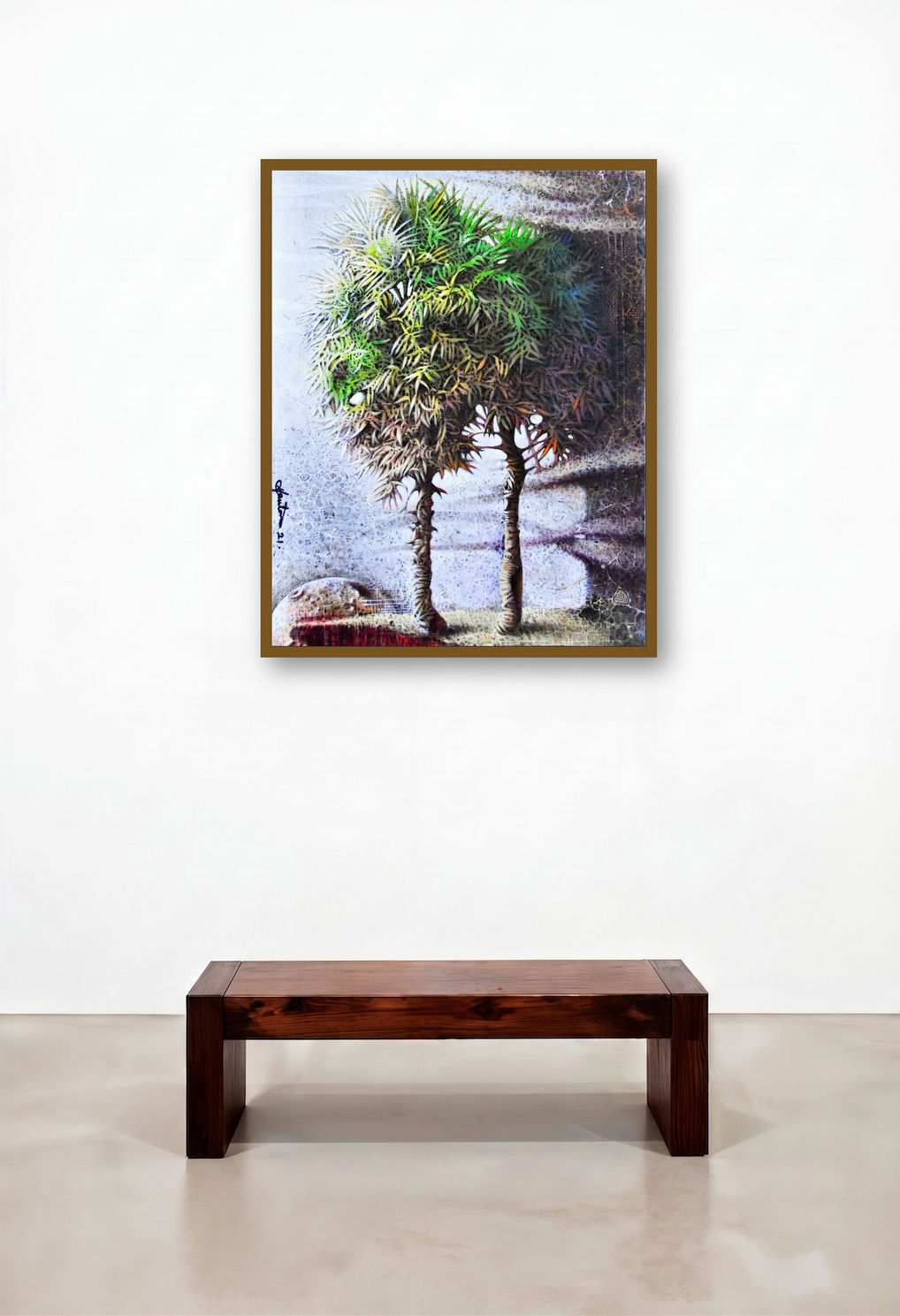 Imagination (Standing Tall) by artist Goutam Das displayed in a Rustic Study