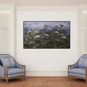 'Untitled 2 (A Serene Meadow)' painting by Chaitan Bhosale shown on a wall in a furnished room.