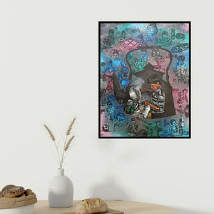 Pooja Kumawat's 'Impact On Colourful Life (The Tea Boy's Dream)' painting visualized above a sofa in a contemporary room.