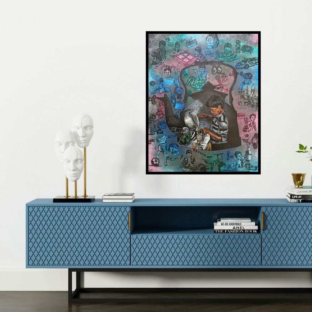 'Impact On Colourful Life (The Tea Boy's Dream)' painting by Pooja Kumawat shown on a wall in a furnished room.