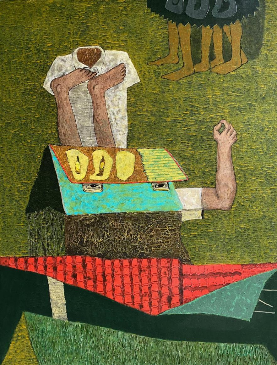 The Impact Of Migration' contemporary acrylic painting by artist Ashwin Khapare, 48x36 inch, on canvas