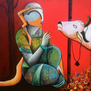 Figurative acrylic painting titled 'In a conversation', 36x36 inches, by artist Anupam Pal on Canvas