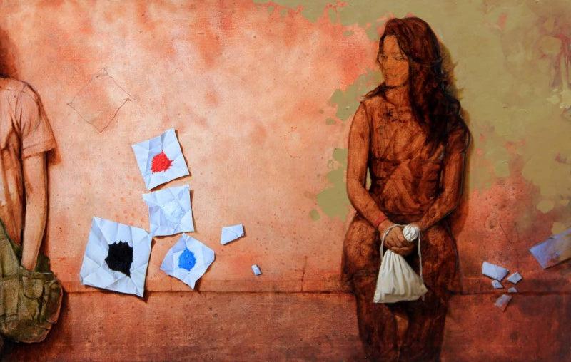 Figurative acrylic oil painting titled 'In Btween', 38x48 inches, by artist Amit Thombare on Canvas