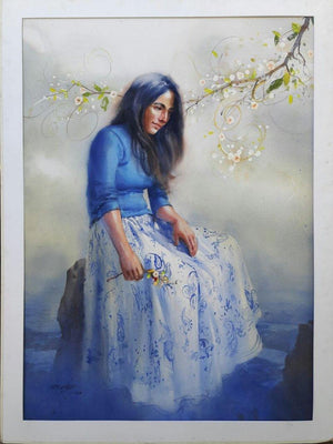 In Deep Thoughts 1 by Ganesh Hire, Original Oil Figurative Painting on Paper, Medium Vertical Wall Art