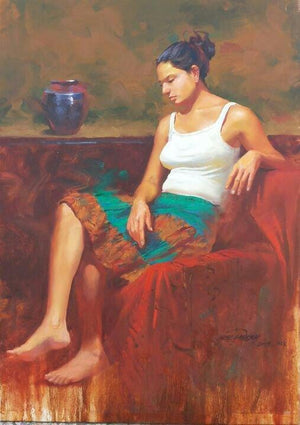 In Deep Thoughts by Ganesh Hire, Original Watercolor Figurative Painting on Canvas, Large Vertical Wall Art