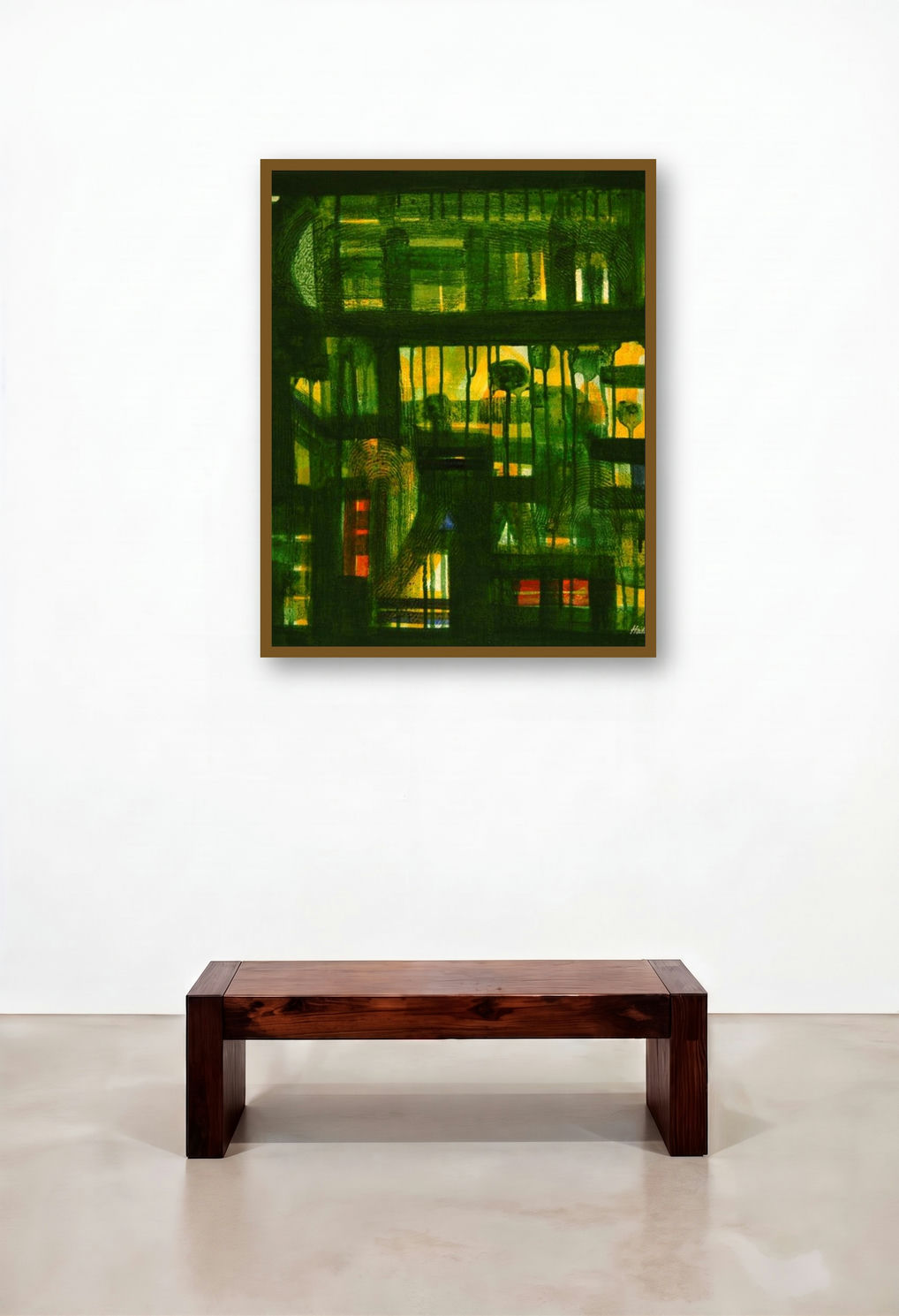 In Search Of Green (Emerald Echoes) by artist Arvind Hate displayed in a Scandinavian Hallway