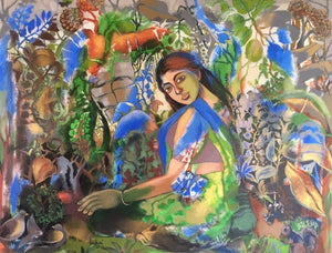 In Tune With Nature (Woman in Nature) by Anjani Reddy, Original Acrylic Figurative Painting on Canvas, Large Horizontal Wall Art