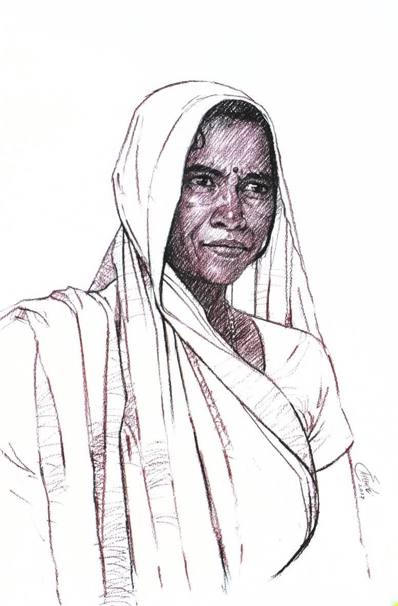 Portrait charcoal drawing titled 'Incredible Tribal Beauty 18', 21x15 inches, by artist Sunil Paraji Tambe on Paper