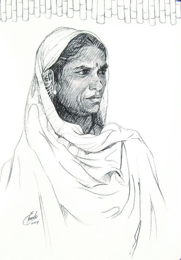 Portrait charcoal drawing titled 'Incredible Tribal Beauty 29', 21x15 inches, by artist Sunil Paraji Tambe on Paper