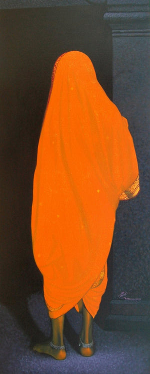 Incredible Tribal Beauty 9 (Orange Veil) by Sunil Paraji Tambe, Original Acrylic Figurative Painting on Canvas, Large Vertical Wall Art
