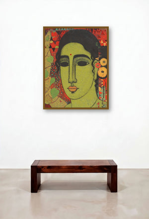 Independent (Verdant Vision: A Portrait in Contrast) by artist Mamta Mondkar displayed in a Mid-Century Modern Hotel Suite