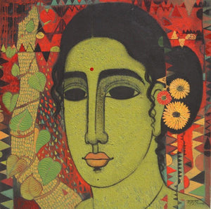Independent (Verdant Vision: A Portrait in Contrast) by Mamta Mondkar, Original Acrylic Figurative Painting on Canvas, Medium Square Wall Art