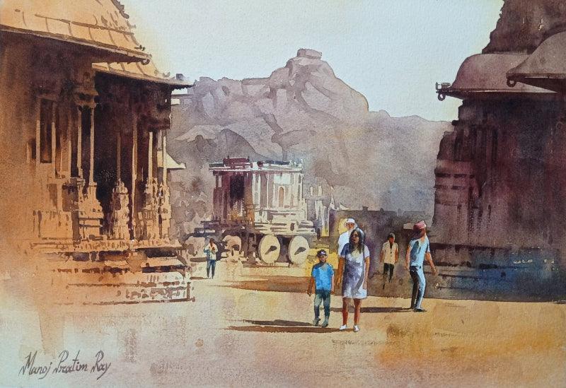 Cityscape watercolor painting titled 'Indian Architecture', 14x20 inches, by artist Manoj Pratim Ray on Paper