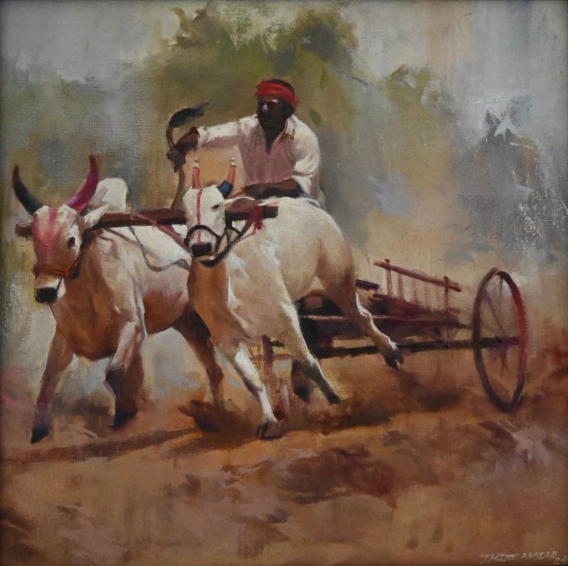 Indian Bull Race' figurative oil painting by artist Prasad Thite, 14x14 inch, on canvas