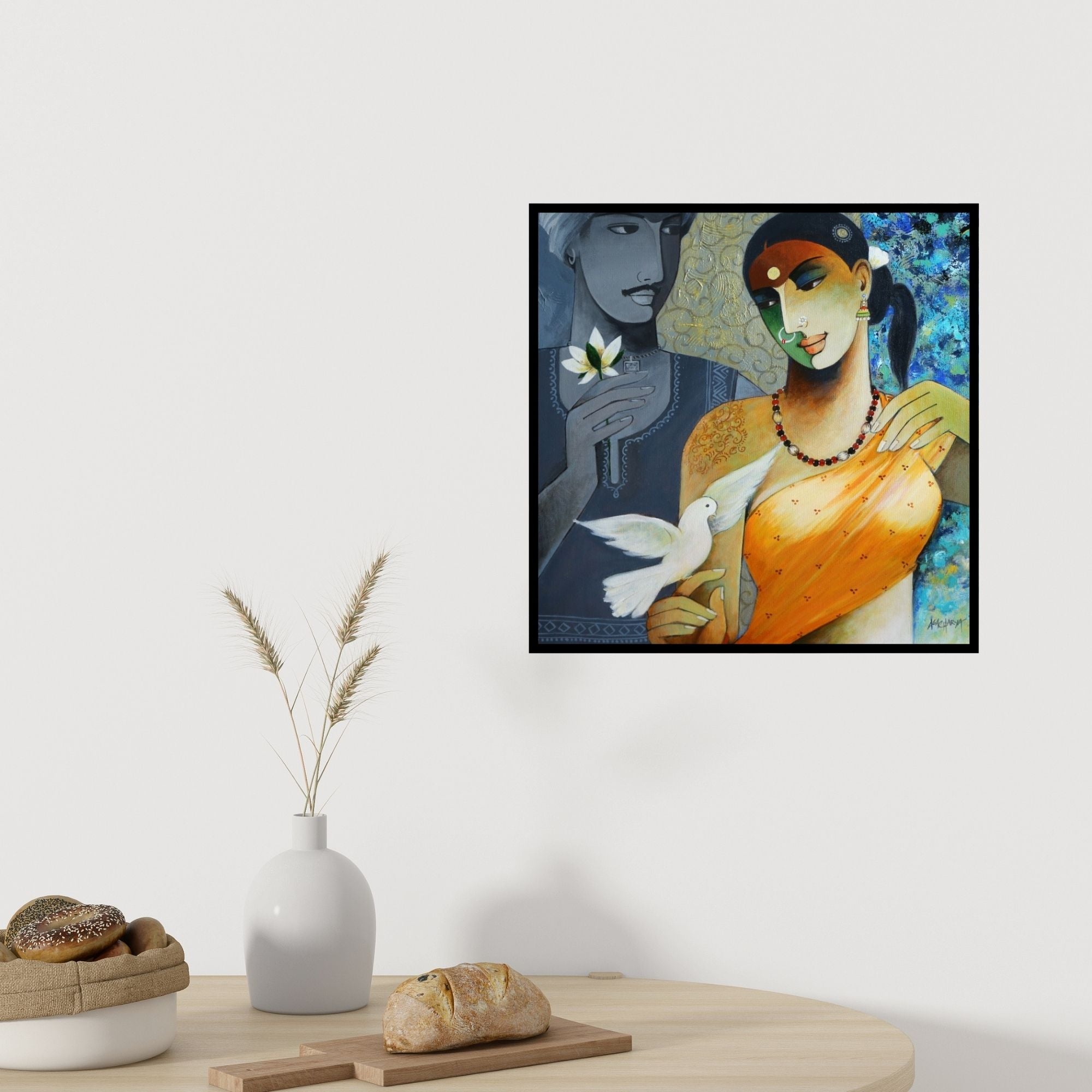 In-situ view of Agacharya A's 'Indian Couple' painting in a room