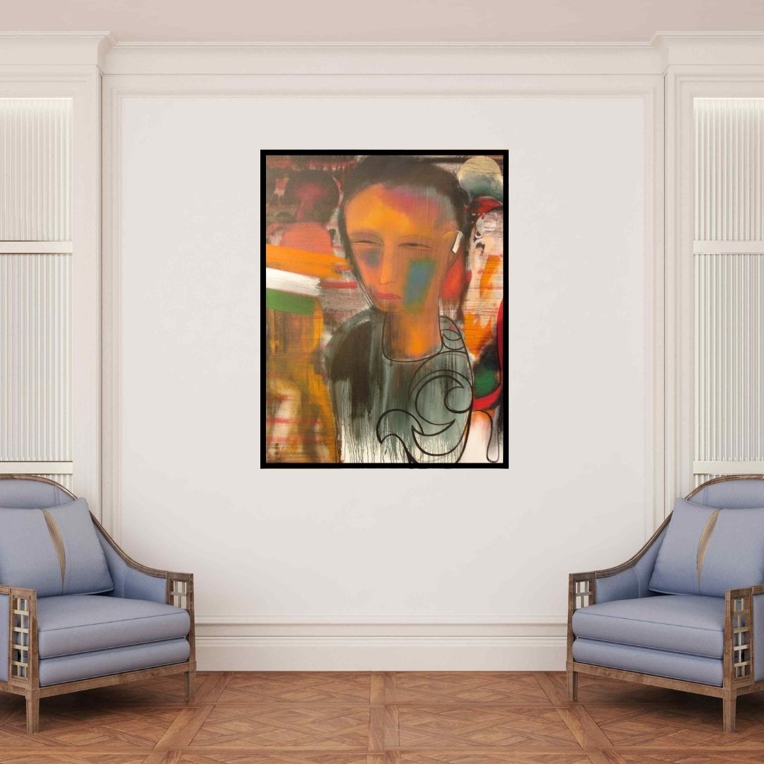 In-situ view of D S Rane's 'Indian (Inner Gaze)' painting in a room