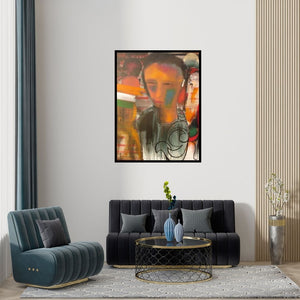 Preview of 'Indian (Inner Gaze)' Painting by D S Rane shown on a wall in a furnished room.
