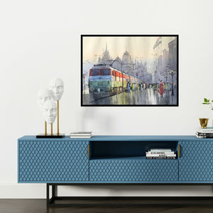 Preview of 'Indian Express' Painting by Bijay Biswaal shown on a wall in a furnished room.