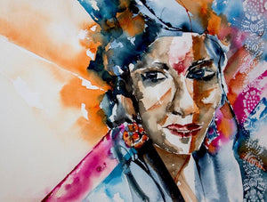Indian Lady by Veronique Piaser-Moyen, Original Watercolor Portrait Painting on Paper, Small Horizontal Wall Art