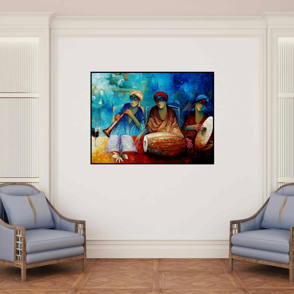 'Indian Musicians Iii' painting by Ram Onkar shown on a wall in a furnished room.