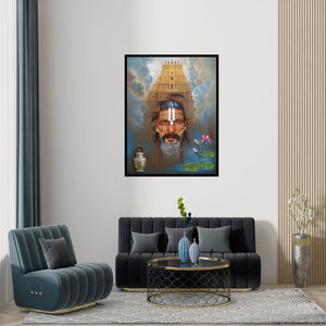 Preview of 'Indian Sadhu 2 (Devotion and Divinity)' Painting by Gopal Sharma shown on a wall in a furnished room.