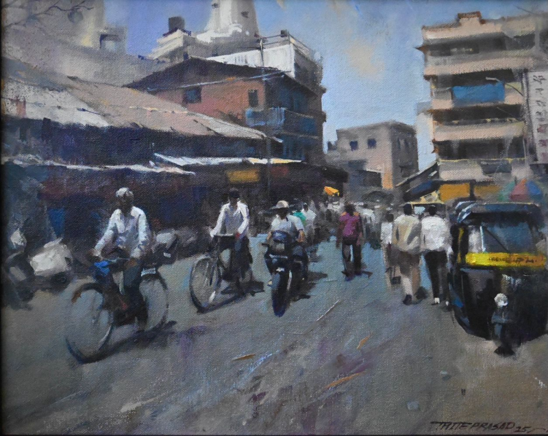 Indian Street 2' cityscape oil painting by artist Prasad Thite, 12x16 inch, on canvas