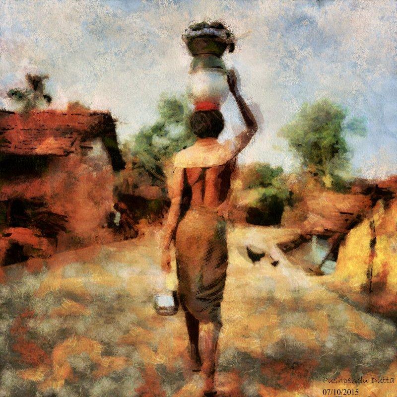 Lifestyle Digital Painting digital art titled 'Indian Villagers', 11x11 inches, by artist Pushpendu Dutta on canvas