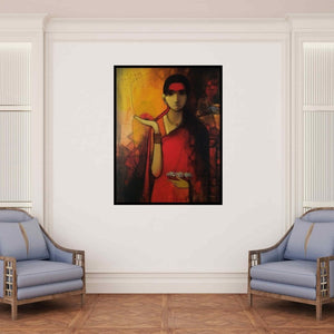 In-situ view of Sachin Sagare's 'Indian Woman' painting in a room