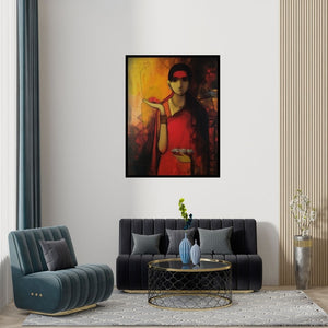 Preview of 'Indian Woman' Painting by Sachin Sagare shown on a wall in a furnished room.