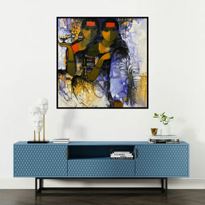 'The Indian Woman 6' painting by Sachin Sagare shown on a wall in a furnished room.
