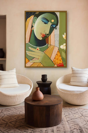 Indian Woman I (Contemplation) by artist Agacharya A displayed in a Indian Art gallery