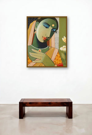 Indian Woman I (Contemplation) by artist Agacharya A displayed in a Luxury Hallway