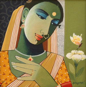 Indian Woman I (Contemplation) by Agacharya A, Original Acrylic Figurative Painting on Canvas, X-Small Square Wall Art