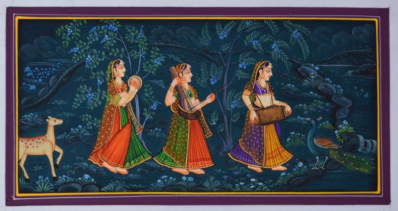 Figurative miniature traditional art titled 'Indian Women Playing Different Musical I', 7x13 inches, by artist Unknown on Silk