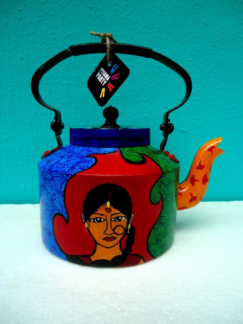 Lifestyle craft titled 'Indie Roots Tea Kettle', 9x9x7 inches, by artist Rithika Kumar on Aluminium