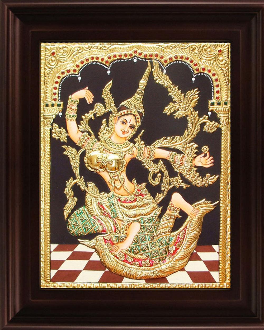 Religious tanjore traditional art titled 'Indonesian Sita Green Tanjore Painting', 24x18 inches, by artist Myangadi Tanjore on Plywood