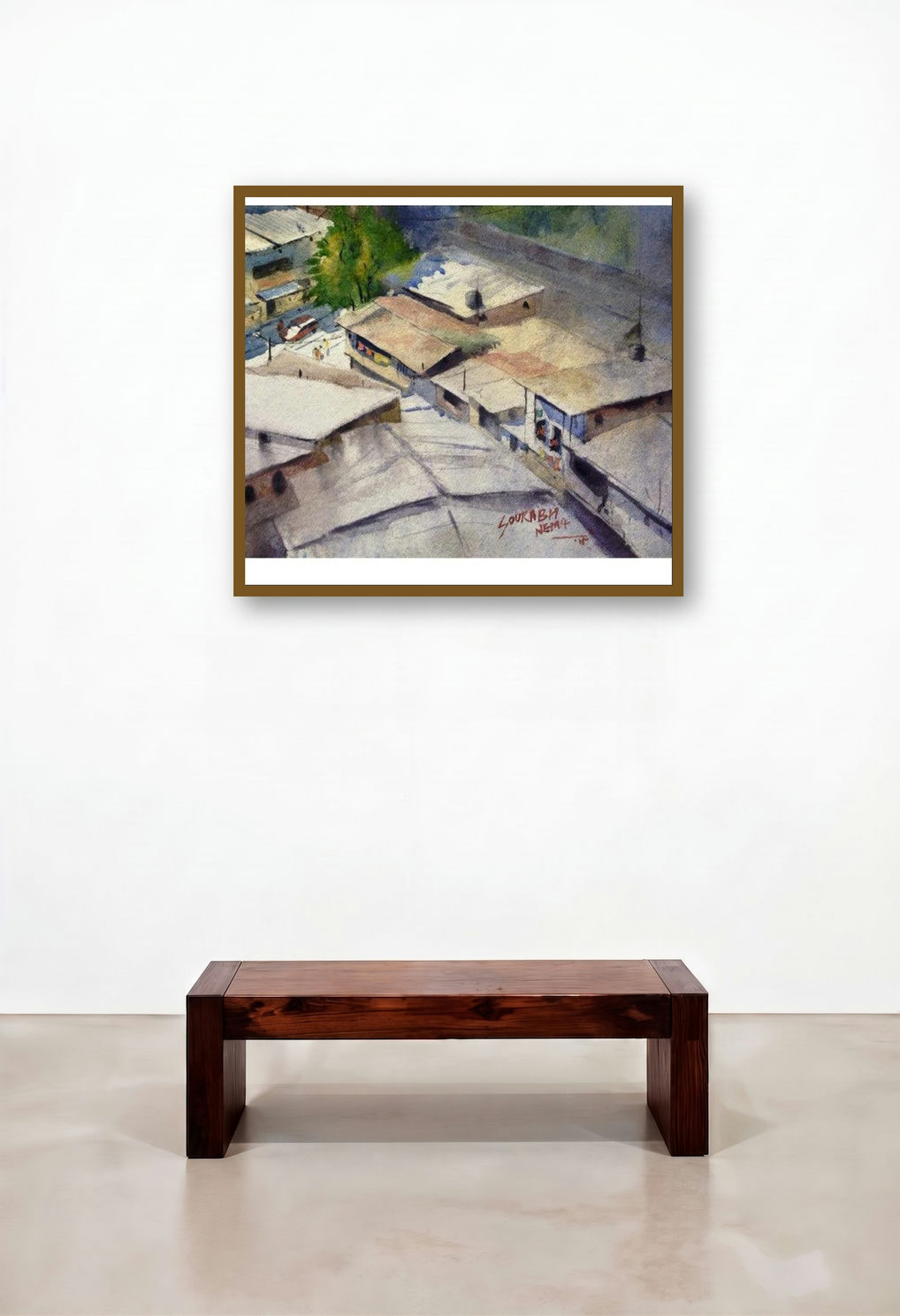 Indoor Outdoor (Urban Tapestry: A Birds-Eye View) by artist Sourabh Nema displayed in a Traditional Hallway