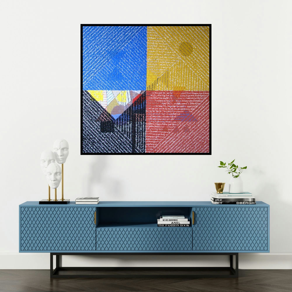 'Industrial Revolution 1 (Chromatic Quadrant: A Study in Color and Line)' painting by Amol Satre shown on a wall in a furnished room.