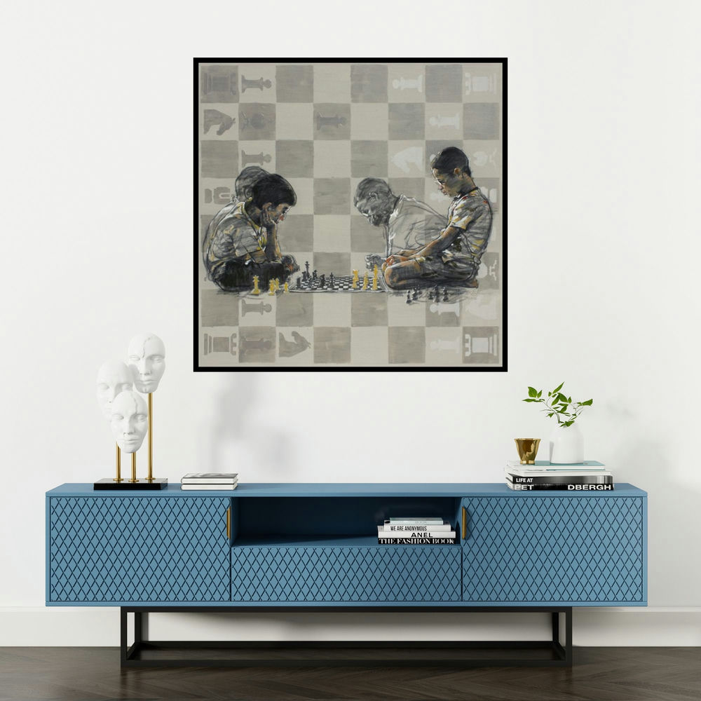 'Informal' painting by Manoj Sakale shown on a wall in a furnished room.