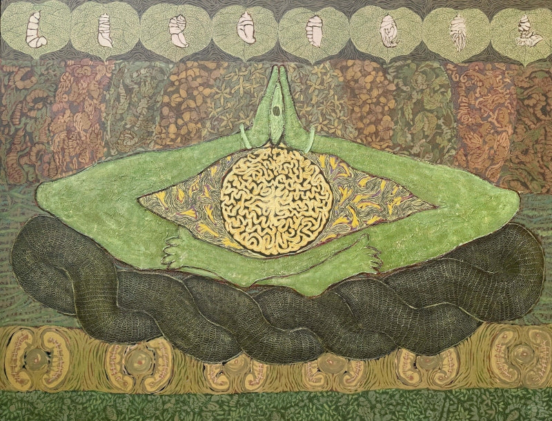 'The Inner Bloom' contemporary mixed-media painting by artist Shyam Koli, 47x60 inch, on canvas