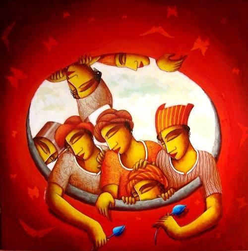 Figurative acrylic painting titled 'Inner Circle', 36x36 inches, by artist Samir Sarkar on Canvas