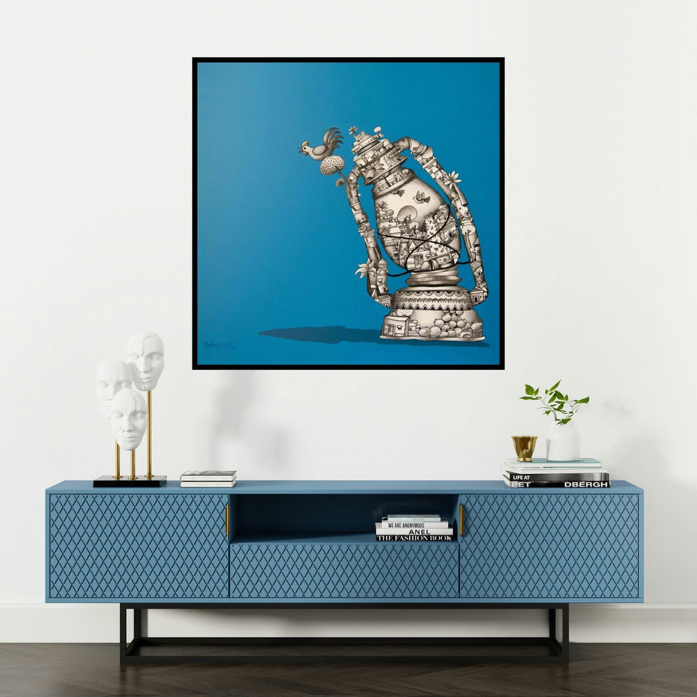 'Inner Light 1' painting by Manjunath Wali shown on a wall in a furnished room.