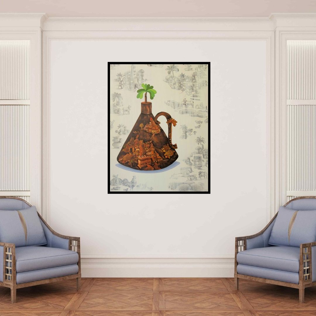 In-situ view of Manjunath Wali's 'Inner Light 2 (Pot of Memories)' painting in a room