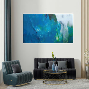 Ritesh Jadhav's 'Inner Ocean (Oceanic Depths)' painting visualized above a sofa in a contemporary room.