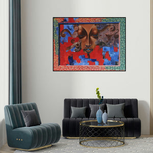 Nitin Marde's 'Inner Peace' painting visualized above a sofa in a contemporary room.