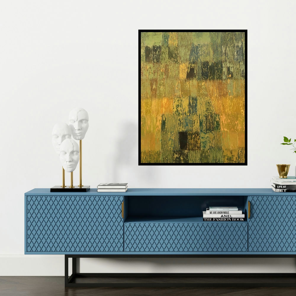 'Innerscapes 38 (Layers of Memory)' painting by Gayatri Deshpande shown on a wall in a furnished room.